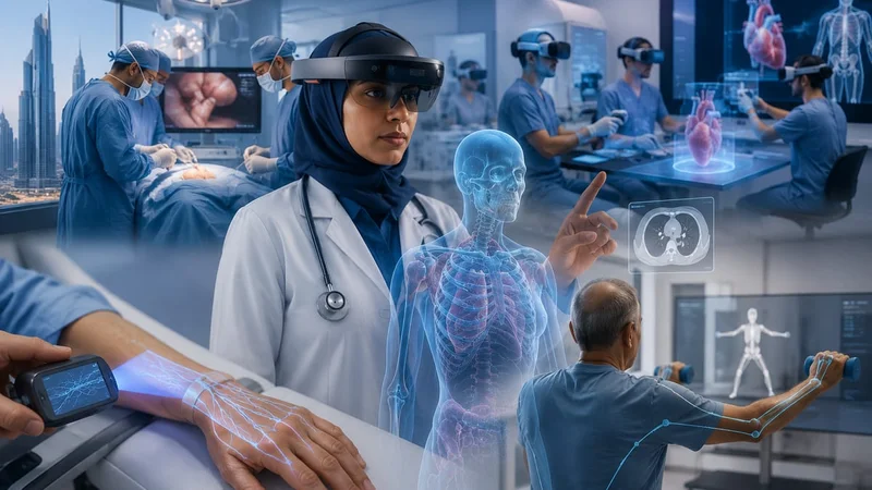 Healthcare professional using VR training simulation headset for surgical procedure training in a UAE clinical environment
