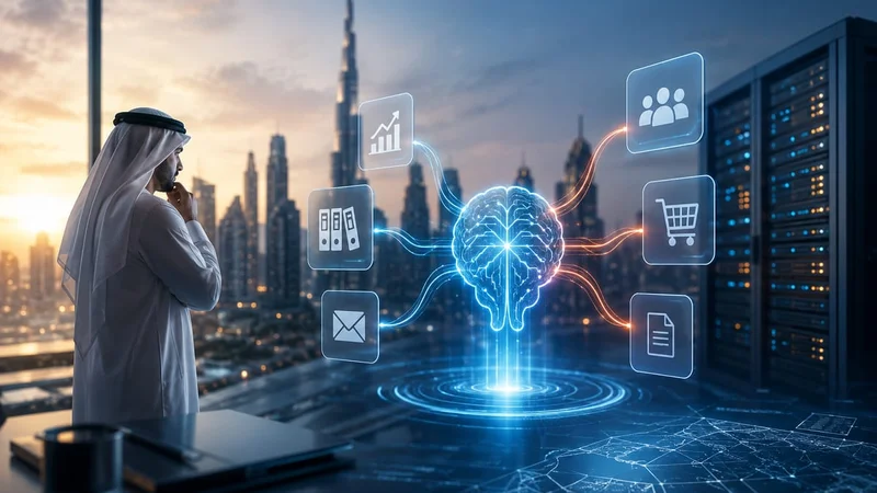 AI audit mapping where AI agents and MCP integrations connect to a UAE business ERP and Salesforce CRM to automate manual processes and reduce overhead cost