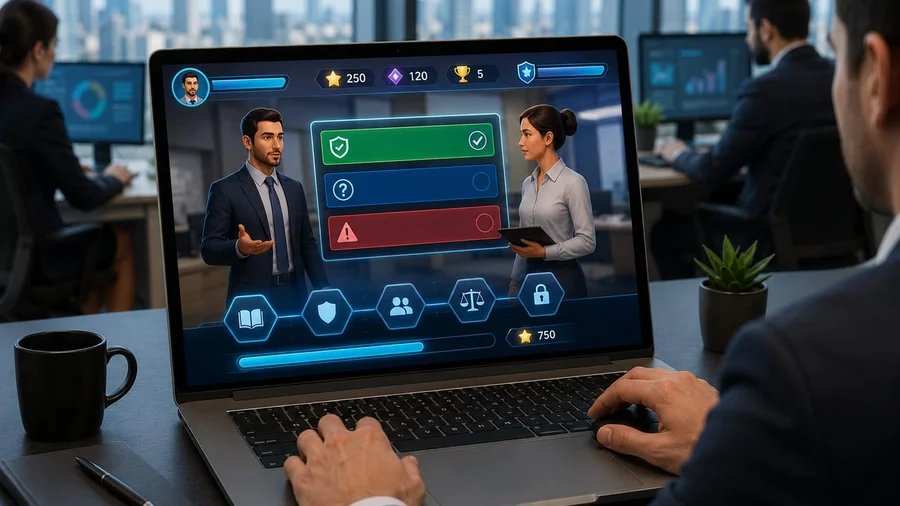 Unity-based gamified compliance training platform for a UAE financial institution scenario-based decision game with LMS integration and leaderboard