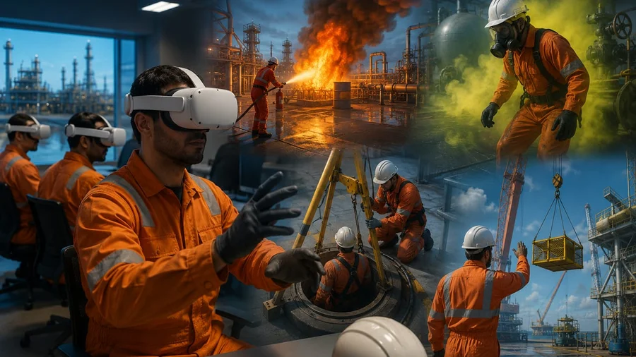 VR safety training simulation on Meta Quest for UAE oil and gas field personnel fire response, H2S drill, and confined space rescue scenarios in Unreal Engine